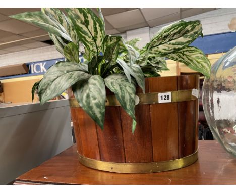 BRASS COOPERED PLANTER STAND WITH ARTIFICIAL PLANT