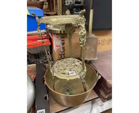 19TH CENTURY GRENADIER GUARDS OVAL ENAMEL BOX, BRASS ETAGERE, 19TH CENTURY BRASS MEAT SPIT AND A PRESERVE PAN
