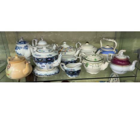 SHELF OF MAINLY VICTORIAN TRANSFER PRINTED WARE TEAPOTS, SOME AS FOUND