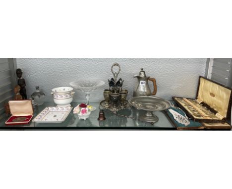 SHELF - EPNS FISH SERVERS, CANTEEN OF DESSERT CUTLERY, PEWTER HOT WATER JUG AND TAZZA, EGG CUP CRUET, BONE CHINA DISH AND POT