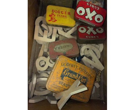 DRAWER OF VINTAGE ENAMEL TINS INCLUDING OXO AND TOBACCO, SOME STENCILS OF  NUMBERS AND LETTERS