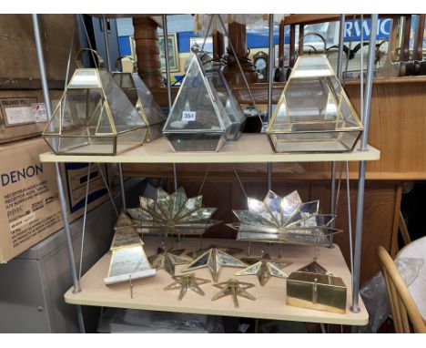 SHELF OF VARIOUS TERRARIUMS AND MIRRORED CANDLE HOLDERS, ETC