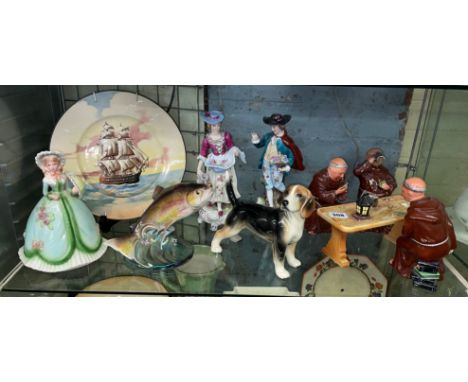SEATED FRIARS PLAYING CARDS, PAIR OF 18TH CENTURY STYLE FIGURES, JEMA LEAPING TROUT AND A SHIP WALL PLATE