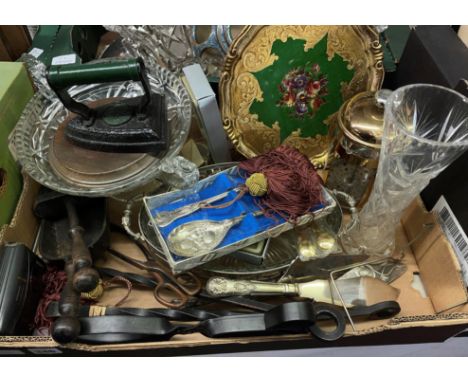 CARTON - WROUGHT IRON FIRE TOOLS, GLASSWARE, CUTLERY
