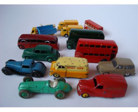 A collection of playworn Dinky cars (8) comprising No.36b, Bentley; No.235 H.W.M. Racing Car; No.290, double decker bus, and 