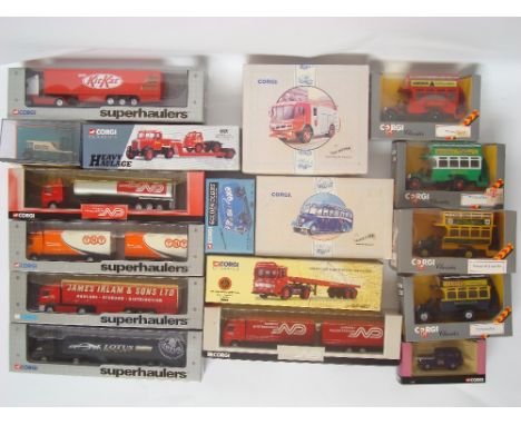 17 boxed Corgi die cast vehicles including 'Superhaulers', Thorneycroft buses, AEC Pump Escape Fire Engine etcetera.