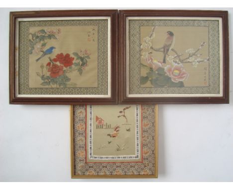 A pair of Chinese paintings on silk, each depicting a song bird among prunus and peony blossom, each with red seal mark, f/g 