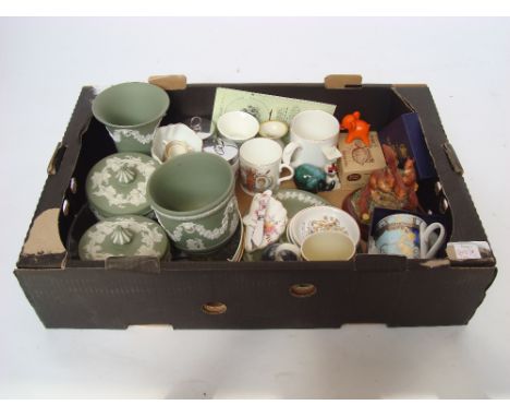 A mixed quantity of ceramics comprising Wedgwood green jasperware, a pair of Royal Worcester egg coddlers, Wade tortoise (box