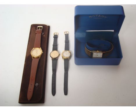 Ladies wristwatches to include gilt Omega DeVille quartz with steel back on leather strap, gold plated Rotary in original box