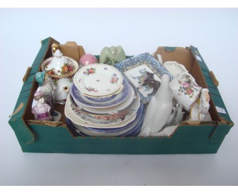 Mixed ceramics to include Nao dove, duck and grouped duck figures, Royal Albert Old Country Roses teapot, Wedgwood Blue Eleph