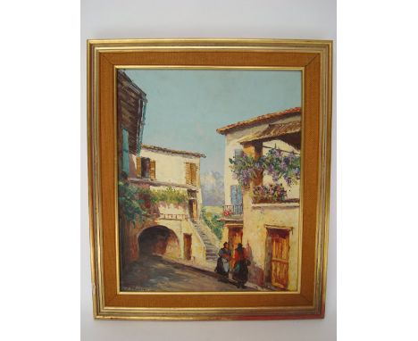 R. U. Rinaldi (20th Century).  
Mediterranean village view with foregrounded peasantwomen and mountains in the distance, oil 