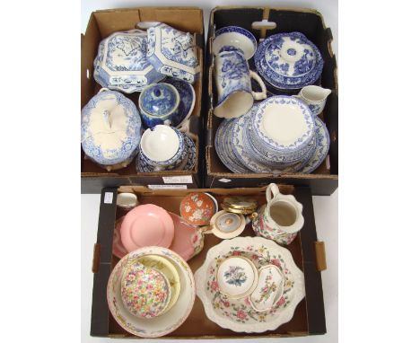 Mixed blue and white china to include a Booths Plum Blossom sauce tureen and cover on stand with a ladle, a pair of Till & So