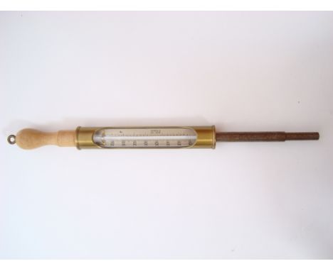 An early 20th Century Negretti & Zambra hand held brass probe thermometer, with turned wooden handle. 