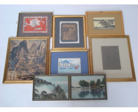 A watercolour of Hong Kong signed R. Leung, a Chinese silk embroidery, two Chinese machine woven landscape pictures, a Japane