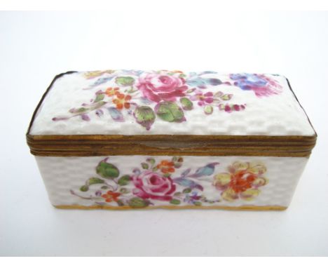 An 18th Century continental porcelain snuff box, of rectangular form, basketweave moulded and painted in coloured enamel with