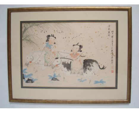 A modern Chinese watercolour depicting two women on horseback, red seal mark, f/g, 63 x 43cm. 
