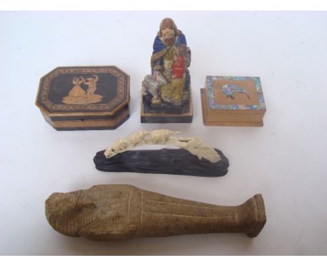 A 19th Century Sorrento ware trinket box, the lid inlaid in marquetry with a dancing couple, an a/f Japanese ivory tusk group