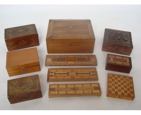 A 19th Century walnut writing slope a/f, a parquetry banded walnut box, a simulated walnut Continental trinket box with lift 