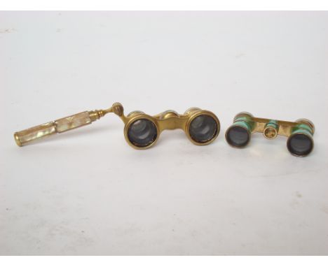 A pair of late 19th Century gilt metal and mother of pearl opera glasses, signed A. Wachtel, Dresden and another pair engine 
