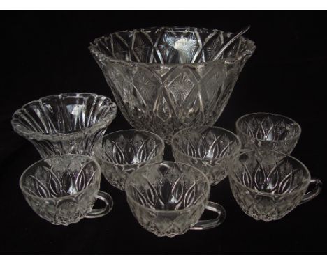 A Japanese Kagami crystal punch set with six cups and a ladle together with a small crystal bowl. 