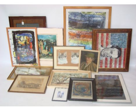 Mixed pictures to include a gouache of two cats signed J. W Powell 1988, a late 19th Century oil riverscape on canvas board, 