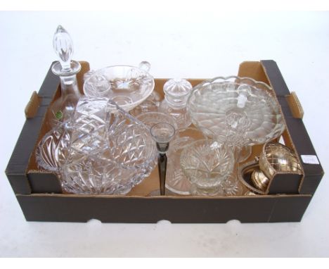 A mixed quantity of crystal and glass comprising a large crystal flower basket, a decanter and stopper, a pair of pickle jars