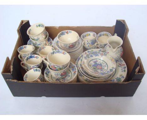 A large quantity of Masons Strathmore pattern china comprising six dinner plates, eight dessert bowls, eight teacups, ten sau