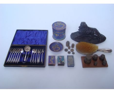 A mixed lot to include a silver backed hairbrush, a late Victorian cased set of twelve EPNS teaspoons with sugar tongs and si