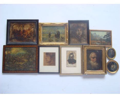 A mixed lot of pictures to include a 16th Century style portrait of an old man in the manner of Tiepole, oil on panel, an 18t