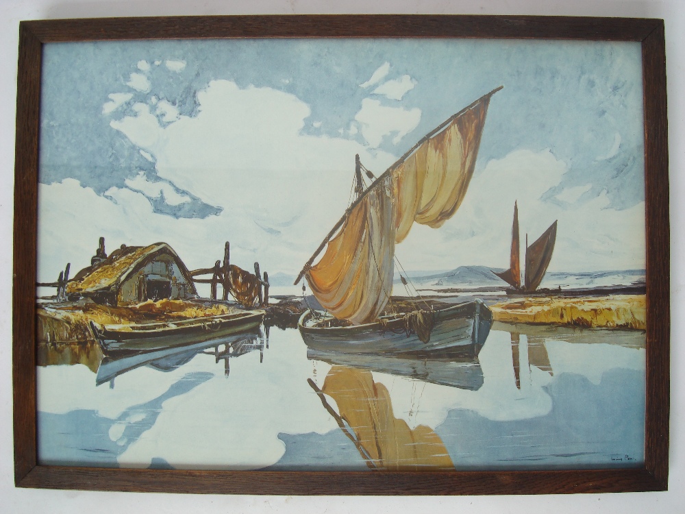 Lucien Peri, fishing boats in estuary, a lithograph, f/g.