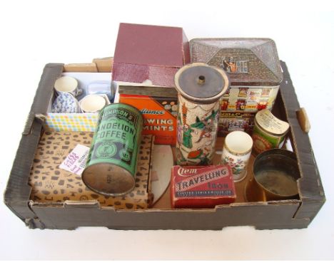 A mixed lot comprising African carved soapstone chess set and board, German brass shell case, tins, a Chinese sleeve vase fit
