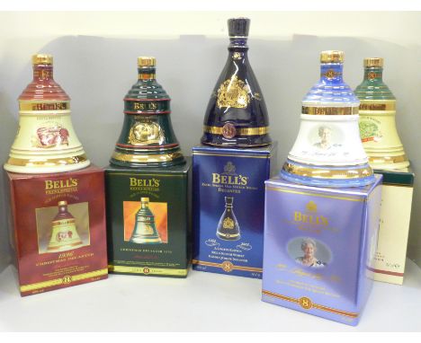 Five Wade Bell's Whisky decanters including Queen Elizabeth The Queen Mother 100th Birthday Christmas decanter 1995, Extra Sp