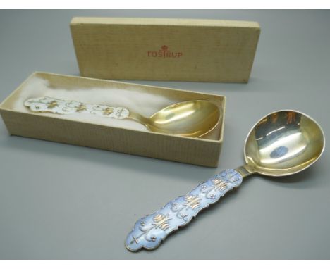 Two silver and enamelled spoons, J. Tostrup, Norway, blue enamel a/f, with one Tostrup box, 67g, 14.5cm 