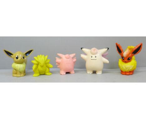 5 Vintage Tomy and Nintendo Pokemon figures, including Flareon, Clefable and Eevee 