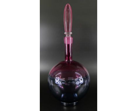 Bob Crooks, a spiral glass decanter in pale blue and cranberry, engraved signature to the base, 36cm 