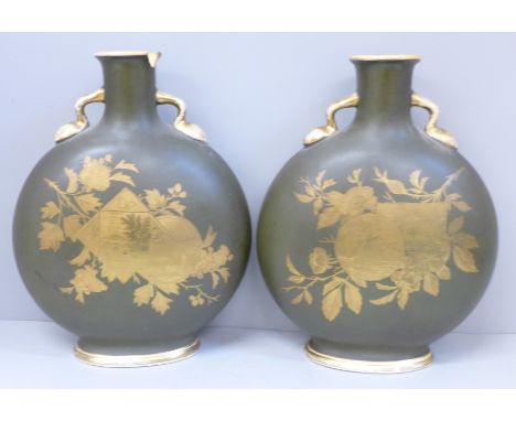 A pair of Charles Barlow Staffordshire moon flask vases with oriental decoration, one a/f (rim with large piece missing), 22.