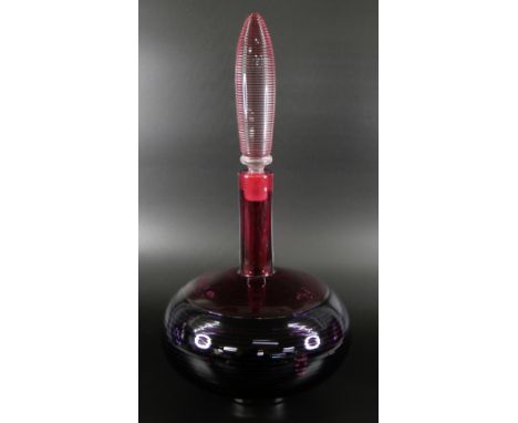 Bob Crooks, a spiral glass decanter in amethyst and ruby, engraved signature to the base, 33cm 