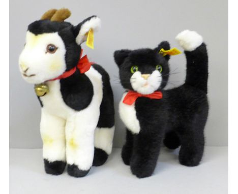 A vintage Steiff baby calf and kitten, made in Western German, 1970s 