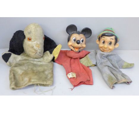 Three hand puppets, Mickey Mouse, Pinocchio and Sweep 