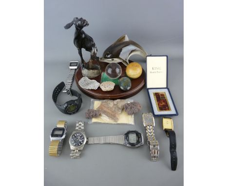 Mixed box of collectables including a quantity of gent's wristwatches, a selection of mineral collectables, a vintage electro