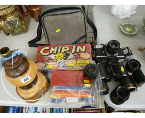 Mixed parcel - Praktica camera, Dienstglas German field binoculars, vintage games etc