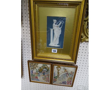 Framed Wedgwood plaque of a harp playing maiden and a pair of framed silks