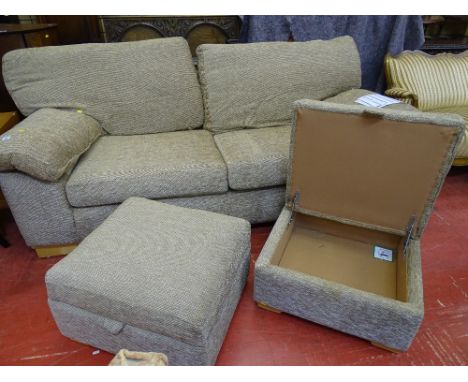 Fine oatmeal effect two seater sofa bed with a pair of matching footstools