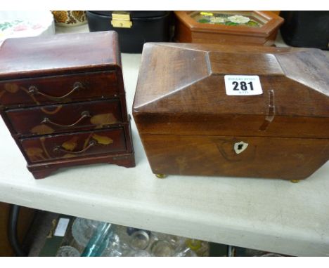 Vintage tea caddy and an Oriental style jewellery box