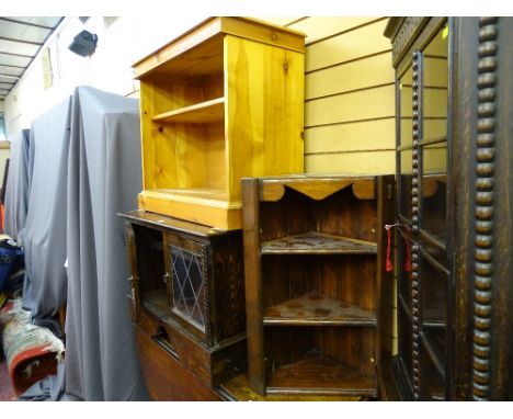 Modern pine single shelf open bookcase, a stained hanging corner cupboard and a leaded glass two door cupboard