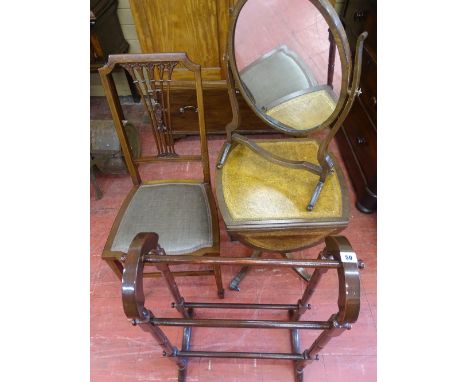 Oval swing toilet mirror, stained wood towel airer, salon chair and a single drawer sofa table