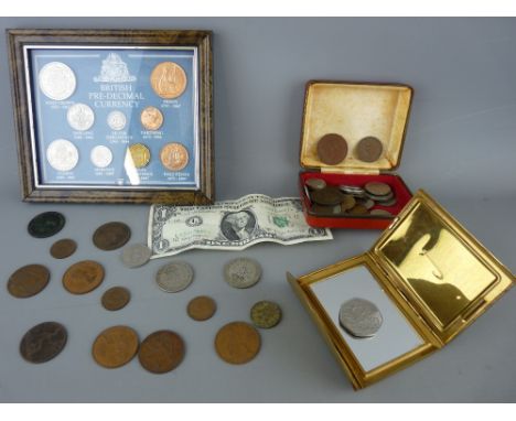 Small collection of mainly British vintage coinage, an American one dollar bill and a vintage envelope type lady's compact