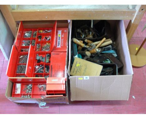 Two boxes containing good garage tools including old chisels etc and another box of garage accessories