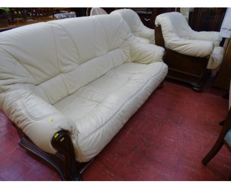 Excellent wooden based leather effect cream three piece suite comprising three seater sofa and two armchairs