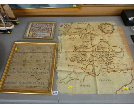Two children's samplers dated 1853 and 1885 and an unframed tapestry map of the UK